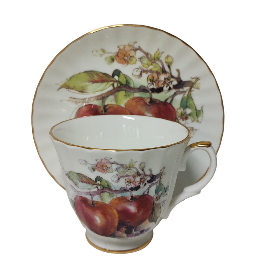 Vintage Crown Trent Teacup and Saucer Staffordshire England Red Apples Gold Trim